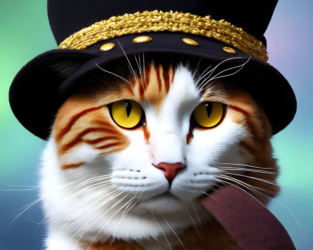 Digital Artwork: Orange and White Cat with Yellow Eyes in Black Hat