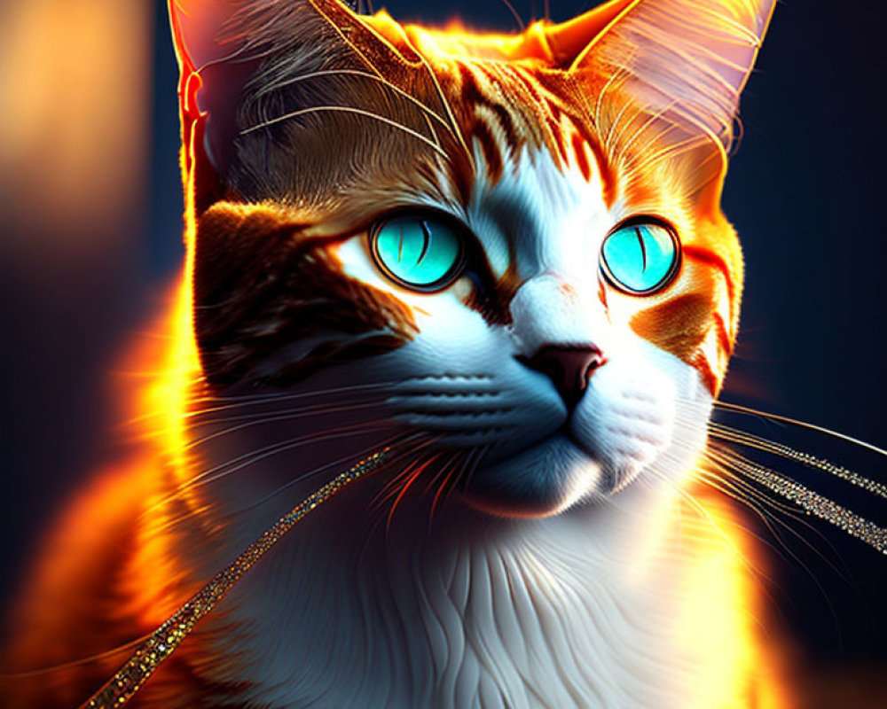 Digital Artwork: Orange and White Cat with Blue Eyes and Mystical Aura