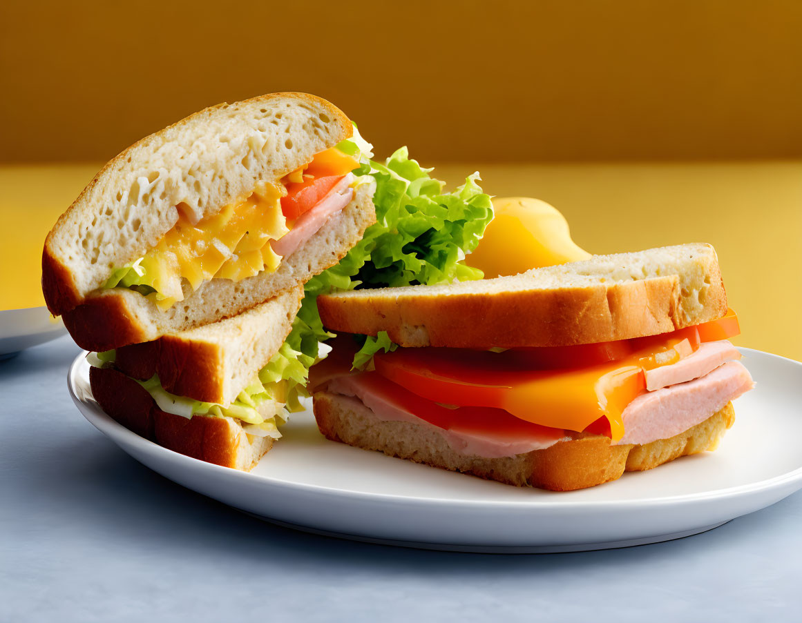 Sliced sandwich with lettuce, tomato, cheese, ham, and egg on white plate