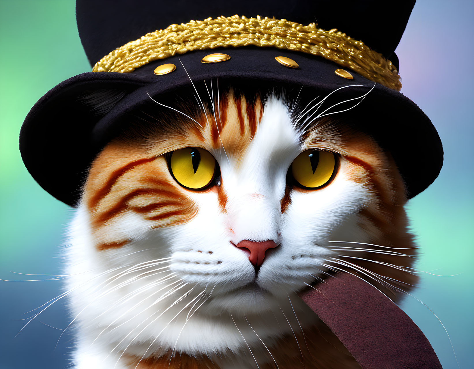 Digital Artwork: Orange and White Cat with Yellow Eyes in Black Hat