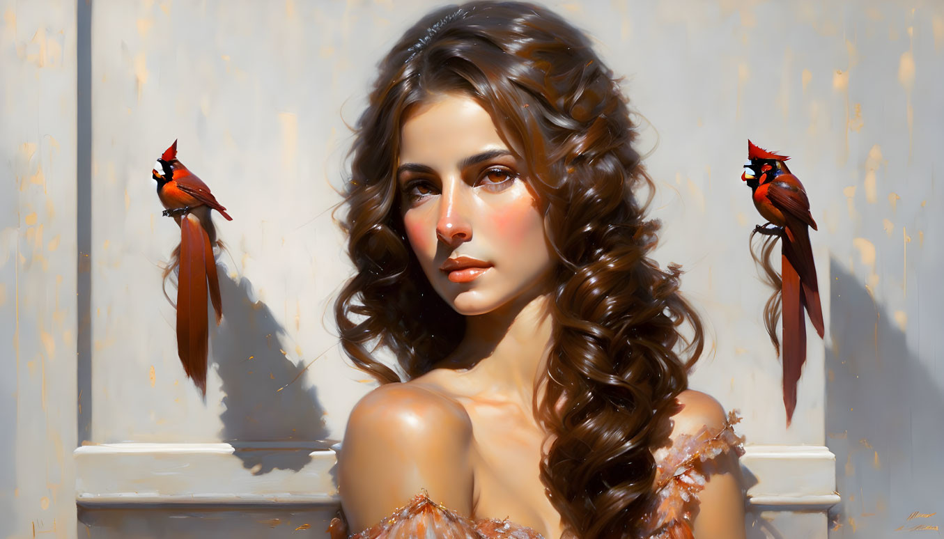 Portrait of Woman with Wavy Brown Hair and Red Cardinals in Softly Lit Setting