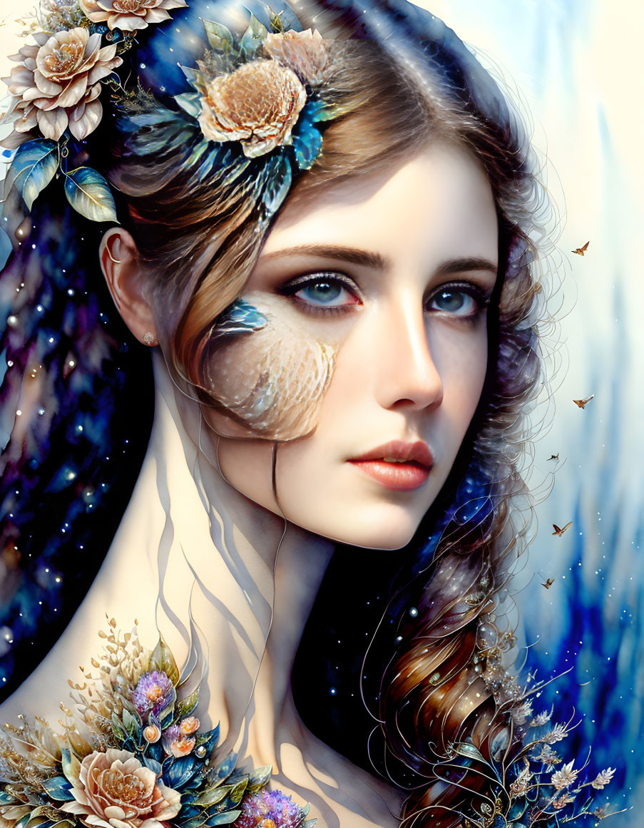 Digital painting of woman with flowers, butterflies, and cosmic backdrop