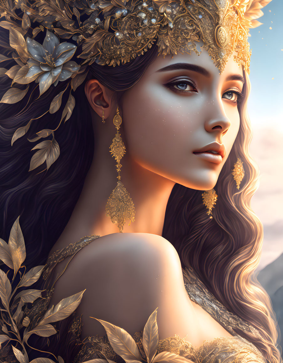 Luxurious golden floral headpiece portrait of serene woman with sky backdrop