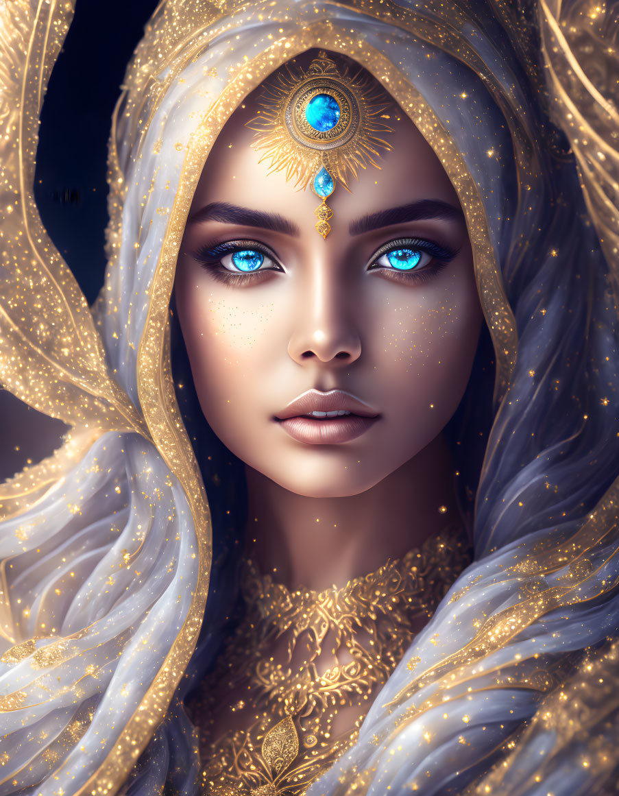 Illustration of woman with blue eyes and golden headdress with blue gem and gold veil.