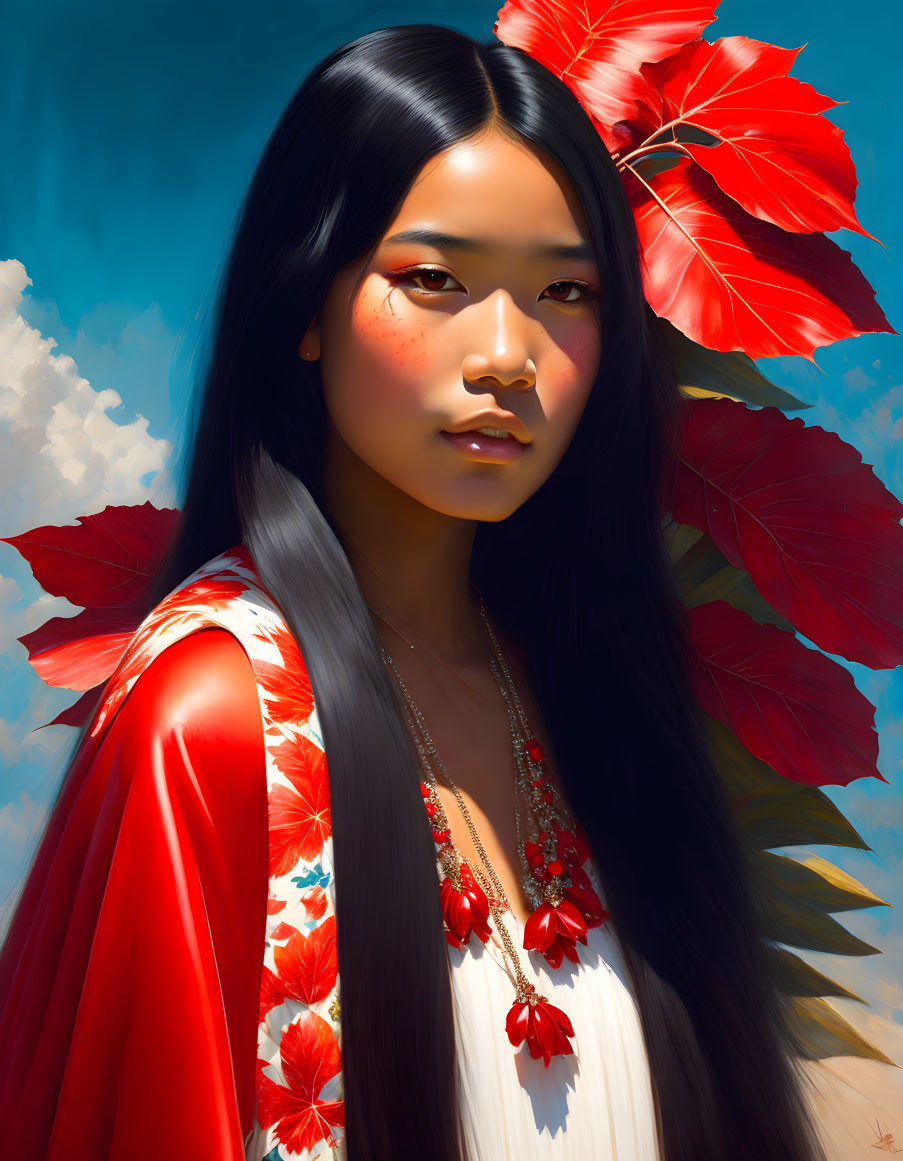 Digital Artwork: Woman with Long Black Hair and Red Floral Garment