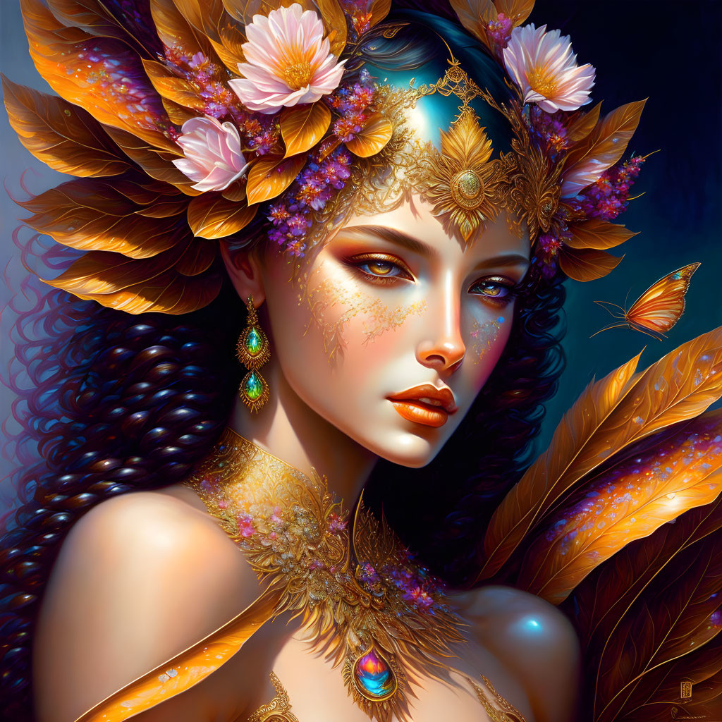 Digital Artwork: Woman with Floral Headdress, Blue Skin, Gold Jewelry & Butterflies