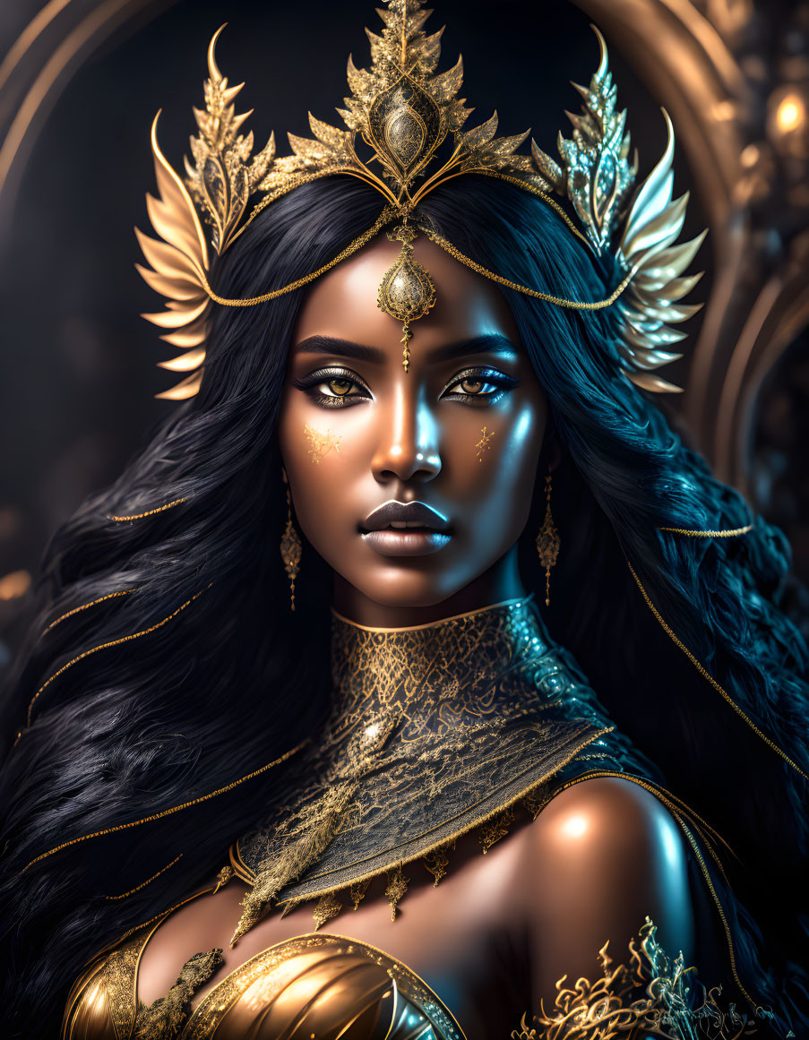 Regal Dark-Haired Woman with Golden Crown and Jewelry