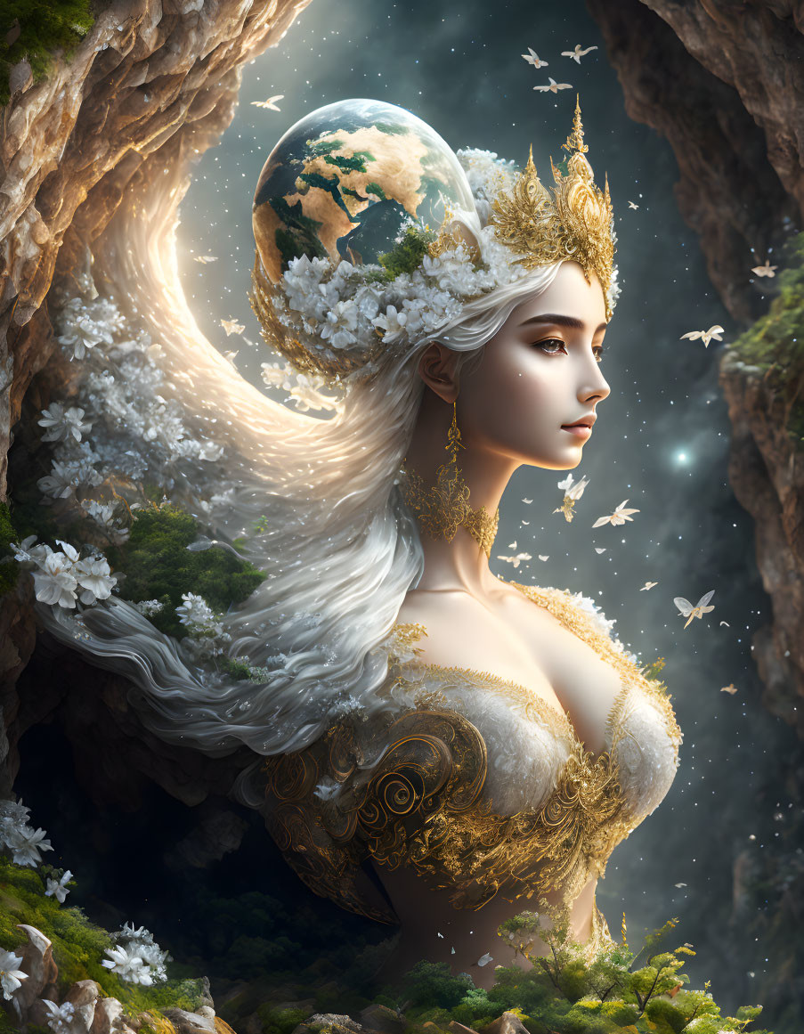 Majestic artwork of woman with branch crown, white hair, floral adornments, golden gown,