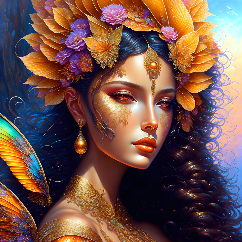 Ethereal woman portrait with gold jewelry, floral crown, and butterfly wings