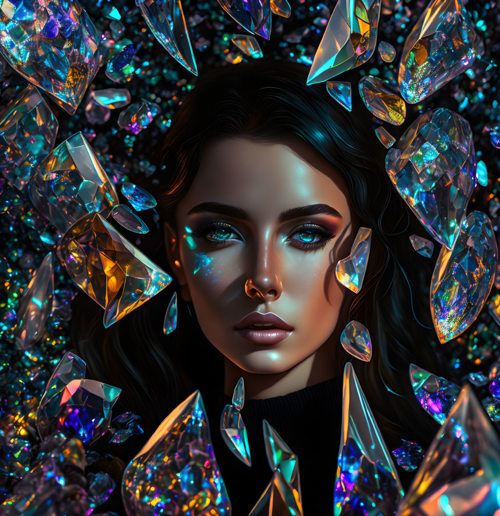 Digital portrait of woman with luminous makeup and multicolored crystals on dark background