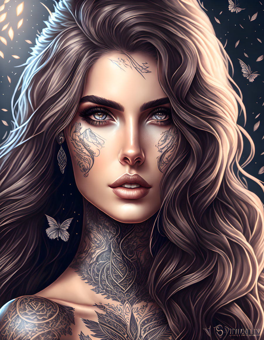 Digital portrait of woman with wavy hair, tattoos, and starry backdrop