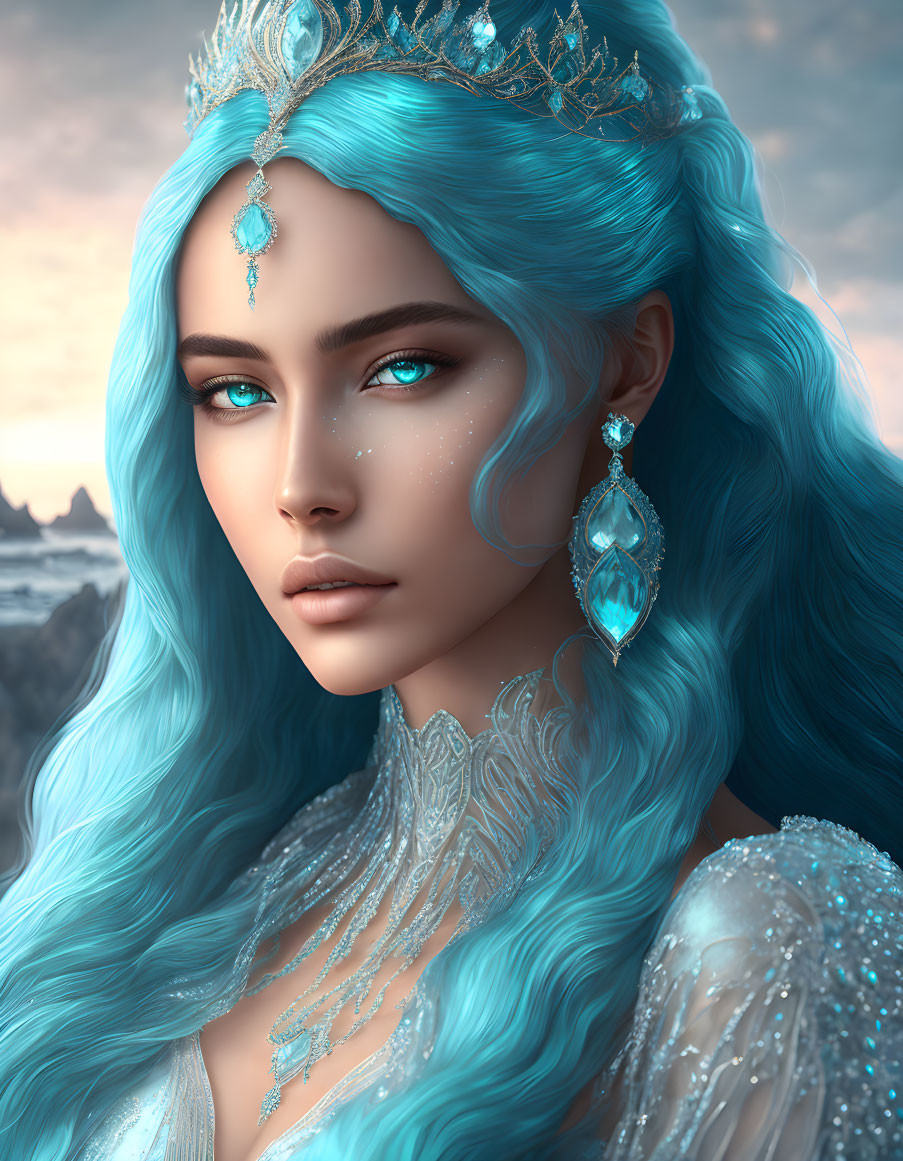 Fantasy character portrait with blue hair and jewel accessories