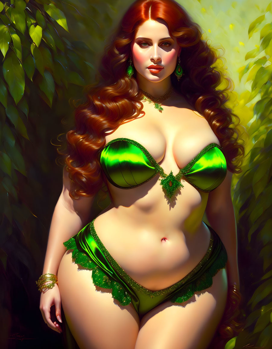 Voluptuous woman with red hair in green bikini under dappled sunlight