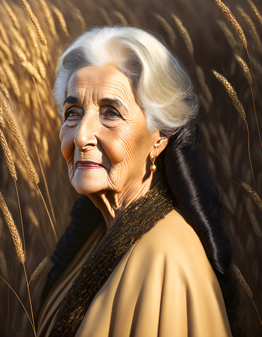 Elderly woman with white hair in beige dress standing in tall golden grass