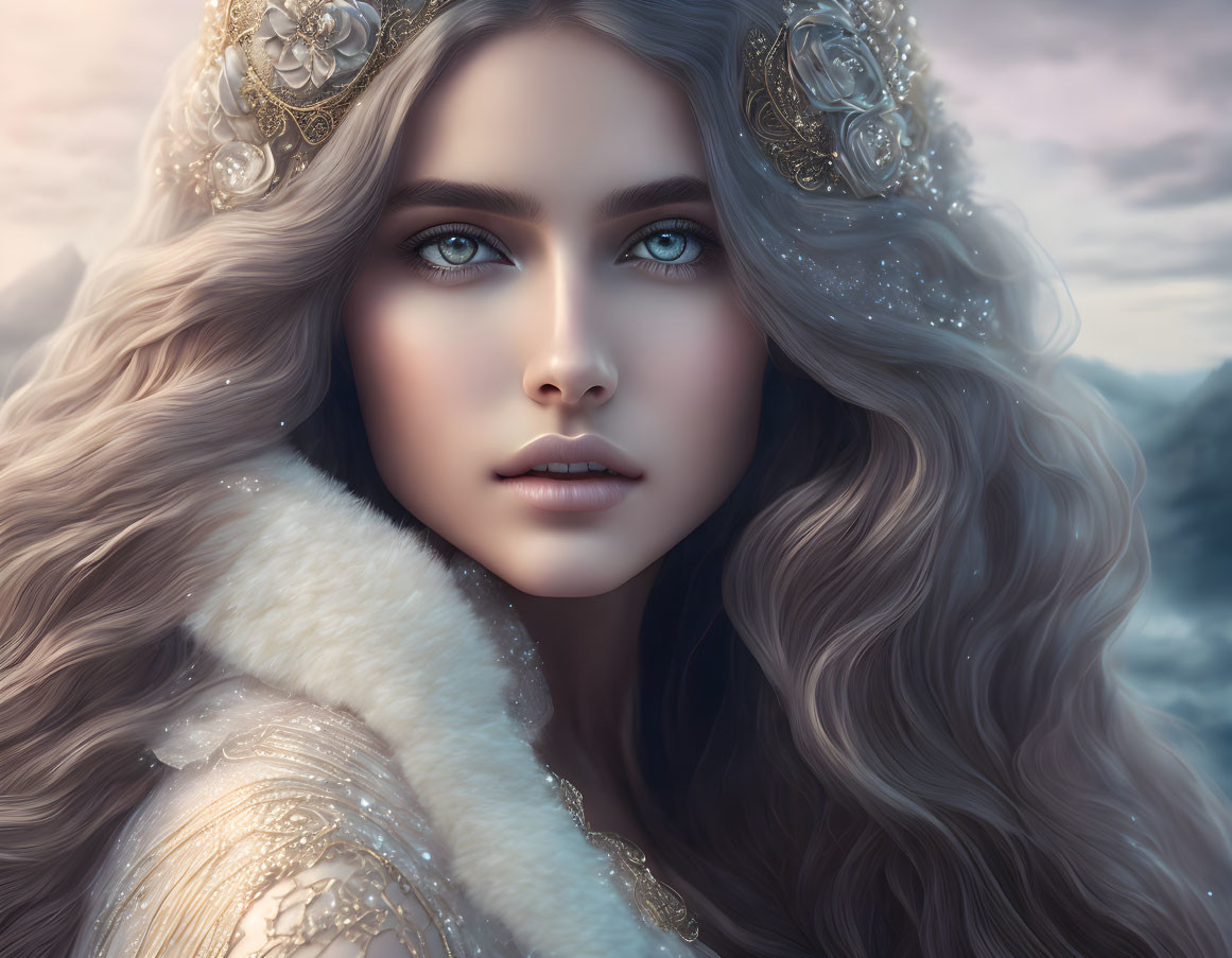 Young woman with long wavy hair and blue eyes in digital portrait against misty mountain backdrop