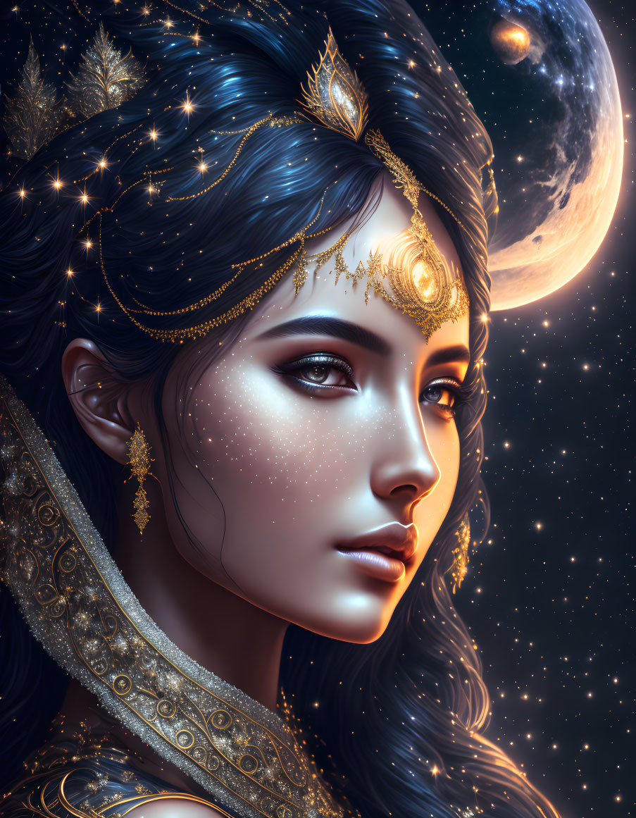 Illustrated portrait of woman with celestial motifs and ornate jewelry in cosmic setting