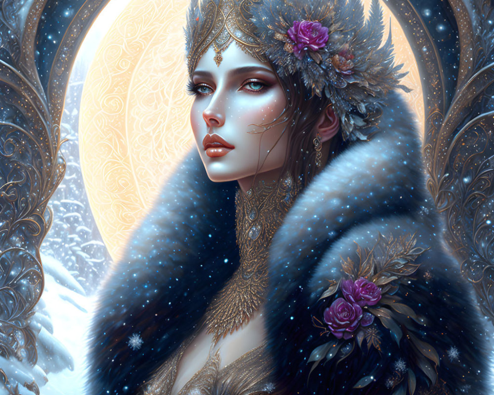 Fantasy figure in fur-trimmed cloak with floral details on circular backdrop