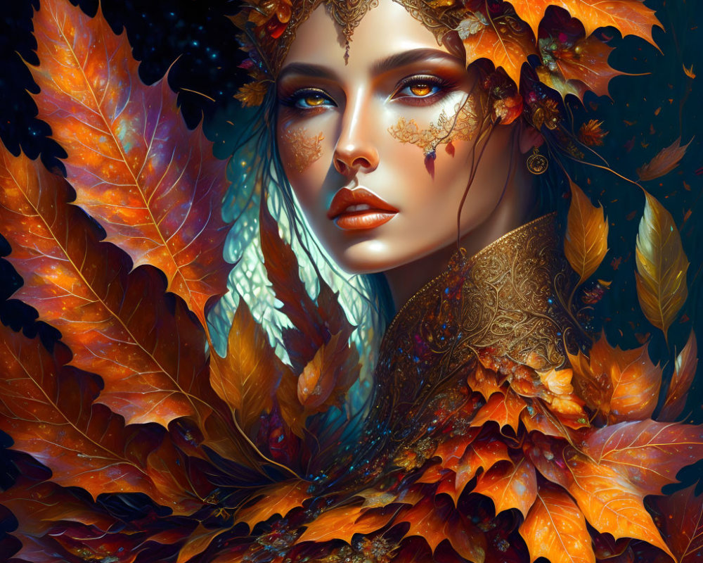 Portrait of woman adorned with autumn leaves and golden embellishments in mystical setting