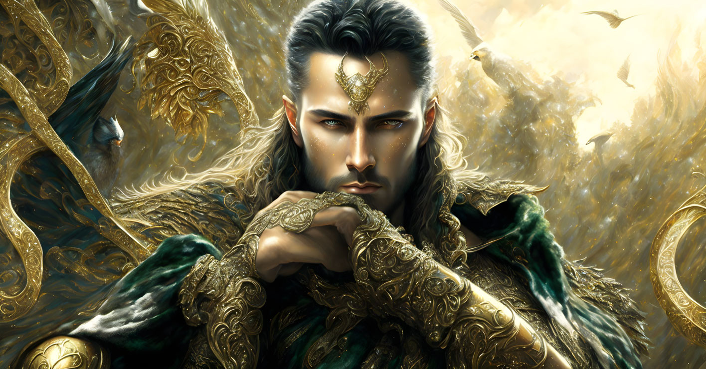 Fantasy character in ornate golden armor with green cloak, surrounded by golden light and birds