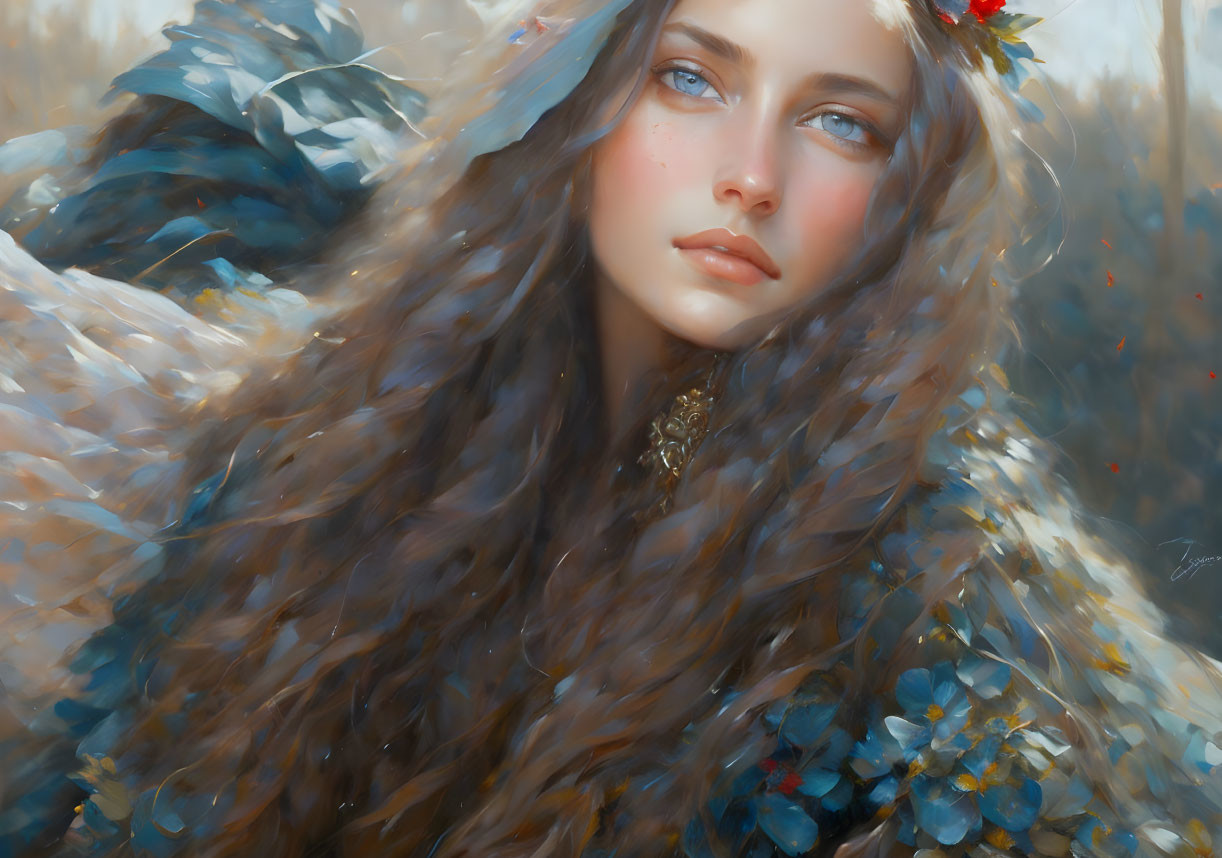 Portrait of Young Woman with Curly Hair and Blue Flowers portraying a thoughtful gaze