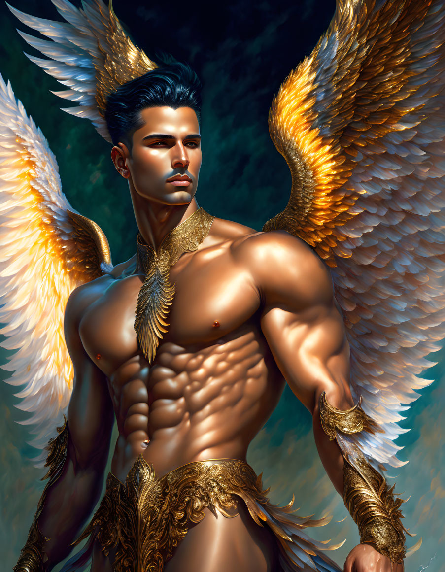 Muscular winged character in golden armor with large feathered wings