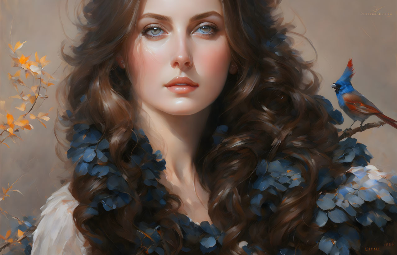 Digital painting of woman with curly hair and blue leaves, with bird, in fall setting