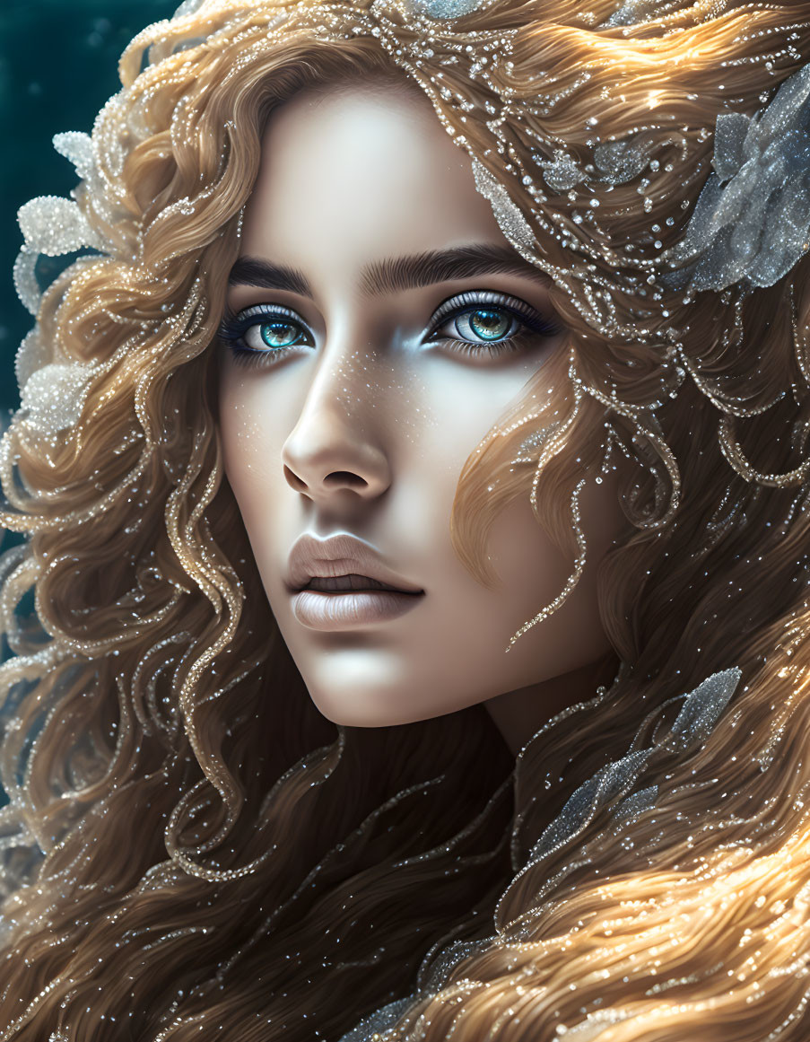 Digital artwork of woman with deep blue eyes and golden curls in frosty setting