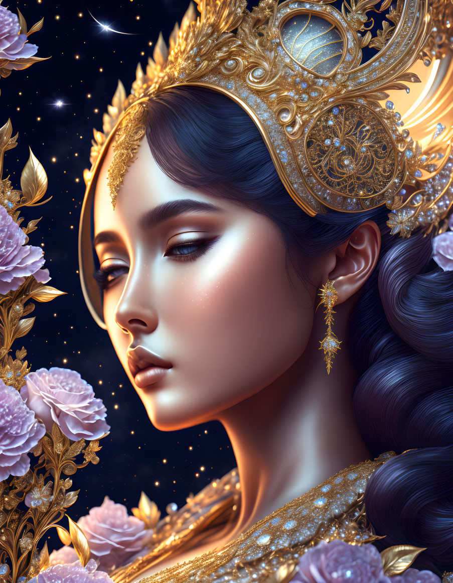 Illustrated Woman with Golden Headgear and Pink Flowers on Starry Background