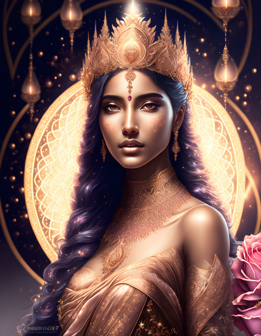 Majestic woman with golden crown and jewelry in luminous mandala backdrop