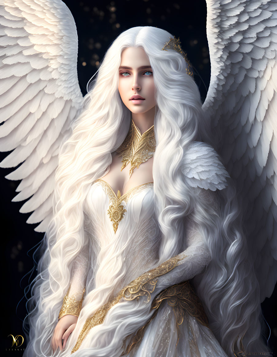 Ethereal figure with white wings and gold dress on starry backdrop