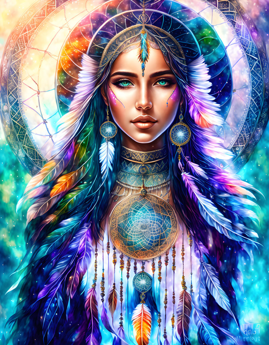 Colorful digital artwork: Woman with blue eyes, feathers, jewelry, cosmic background