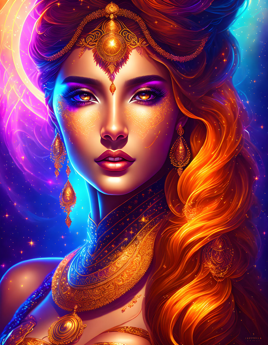 Colorful digital portrait of woman with golden jewelry and cosmic background