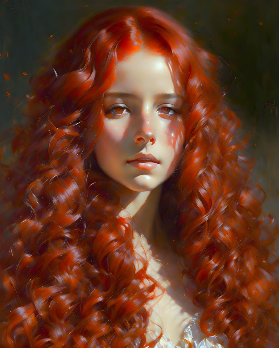 Portrait of a girl with red curly hair and light eyes on warm background