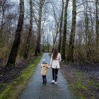 Tall and short individuals walking in misty autumn forest.