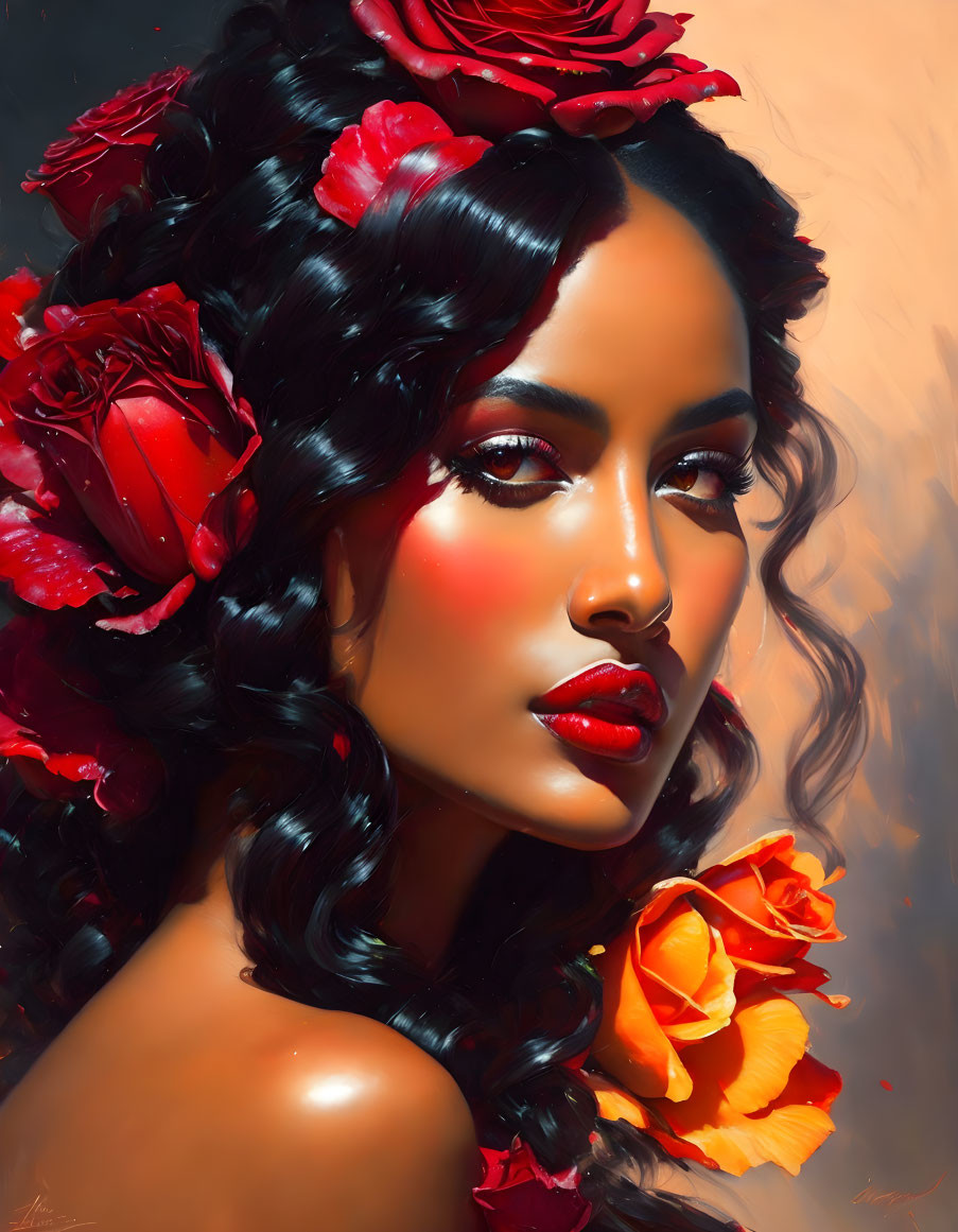 Portrait of woman with wavy hair, red lipstick, and flowers on warm background