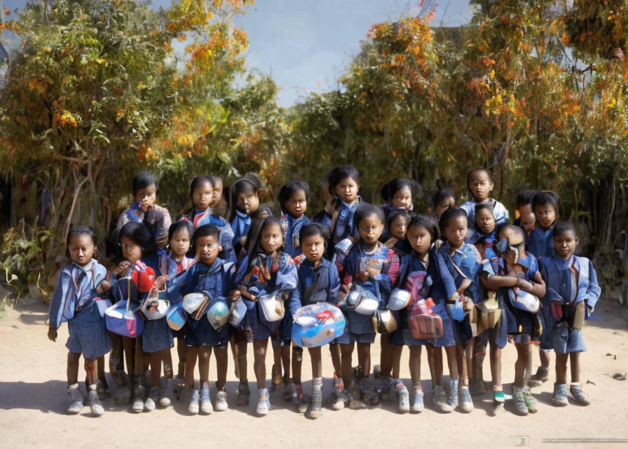 Schoolchildren with backpacks posing under autumn tree.