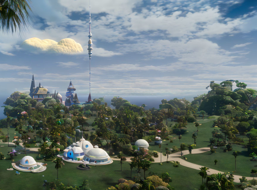 Lush landscape with futuristic domes, castle, trees, and towering spire