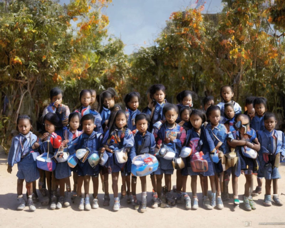 Schoolchildren with backpacks posing under autumn tree.