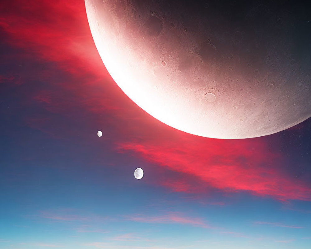 Dramatic celestial scene with large planet, red sky, and two moons