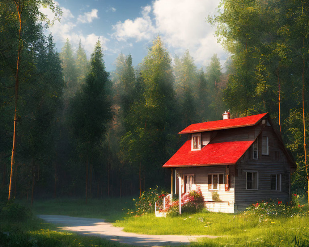 Tranquil scene: small red-roofed house in lush green forest with sunlight and wildflowers