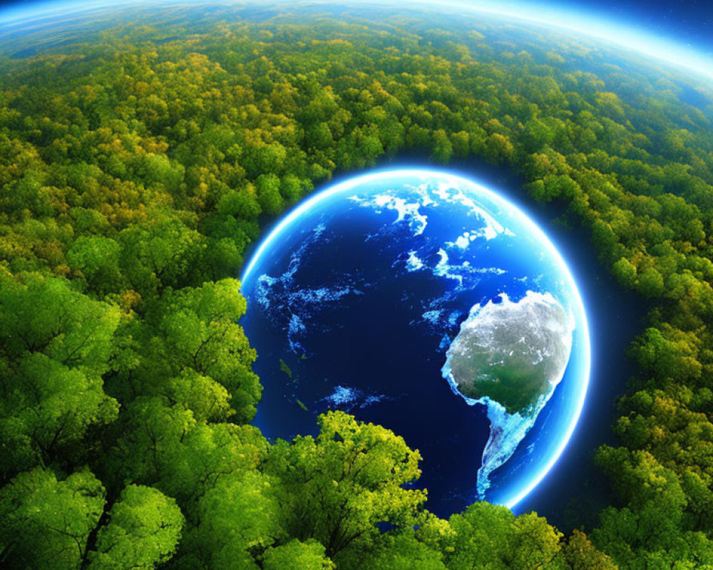 Digital composite image of lush green treetops and surreal Earth view with oceans against space.