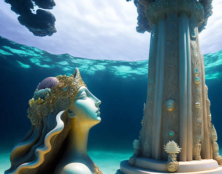 Stylized woman's profile in marine-themed regalia next to ornate pillar underwater