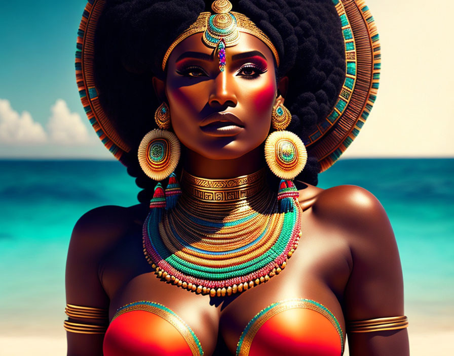 Digital artwork featuring woman in tribal jewelry on beach