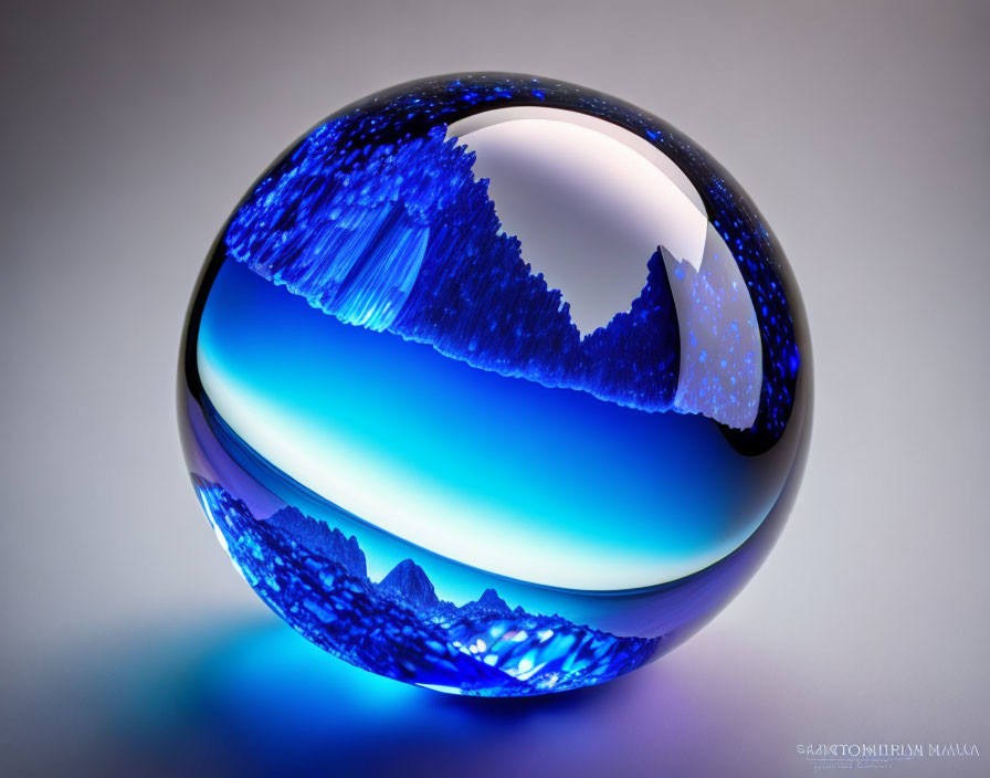 Intricate blue mountain patterns on glossy spherical object against gradient background