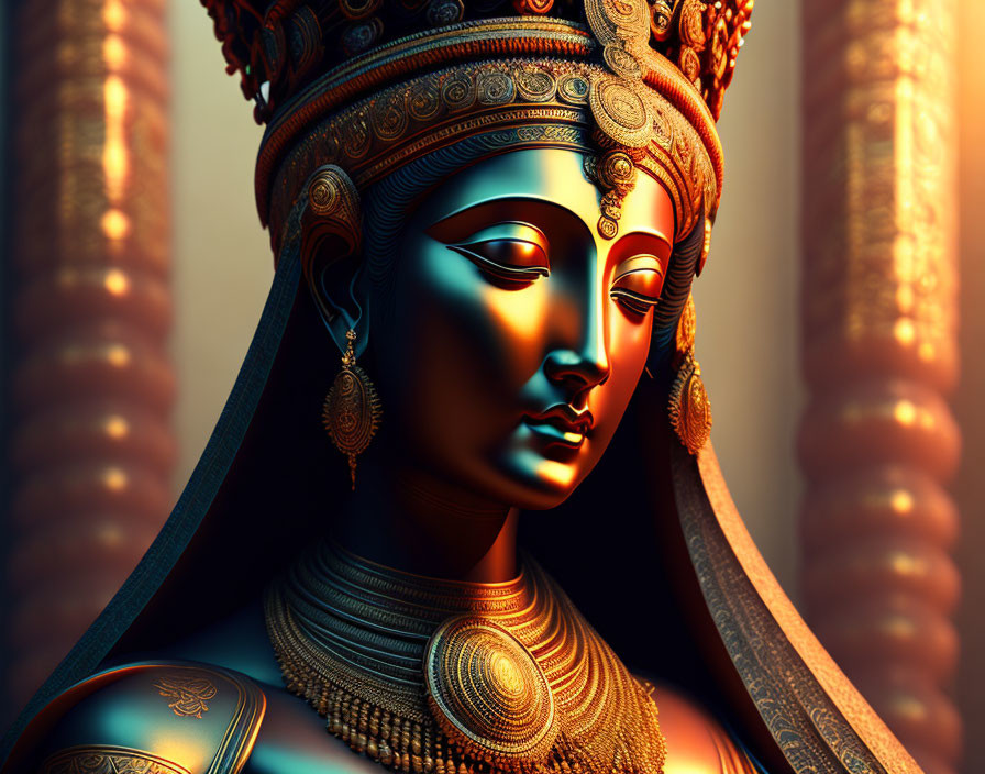 Regal woman with ornate headpiece and jewelry in classical Indian style