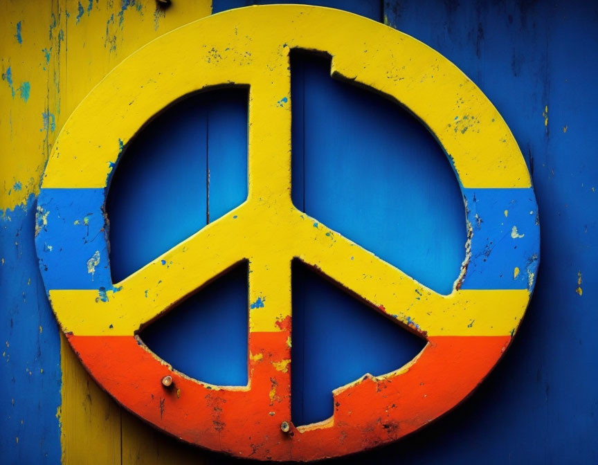 Colorful Peace Symbol Painted on Red Background on Weathered Blue Wall