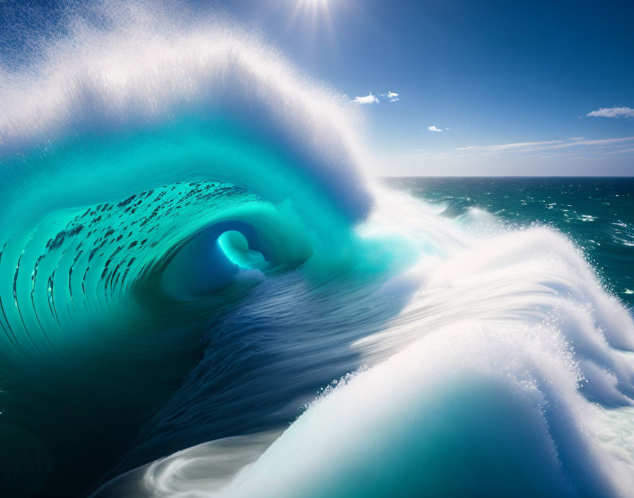 Ocean Wave Curling into Perfect Tube Against Clear Blue Sky