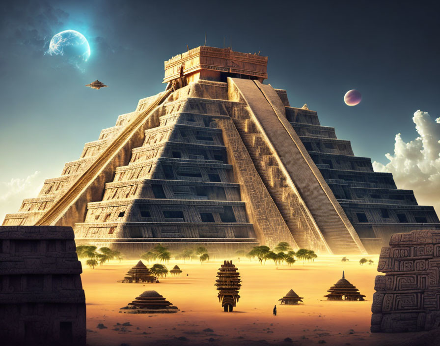 Fantasy scene with ancient pyramid, UFO, celestial sky