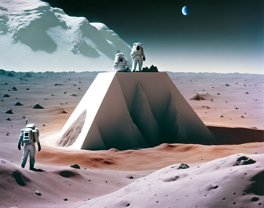 Surreal Martian landscape with astronauts exploring pyramids.