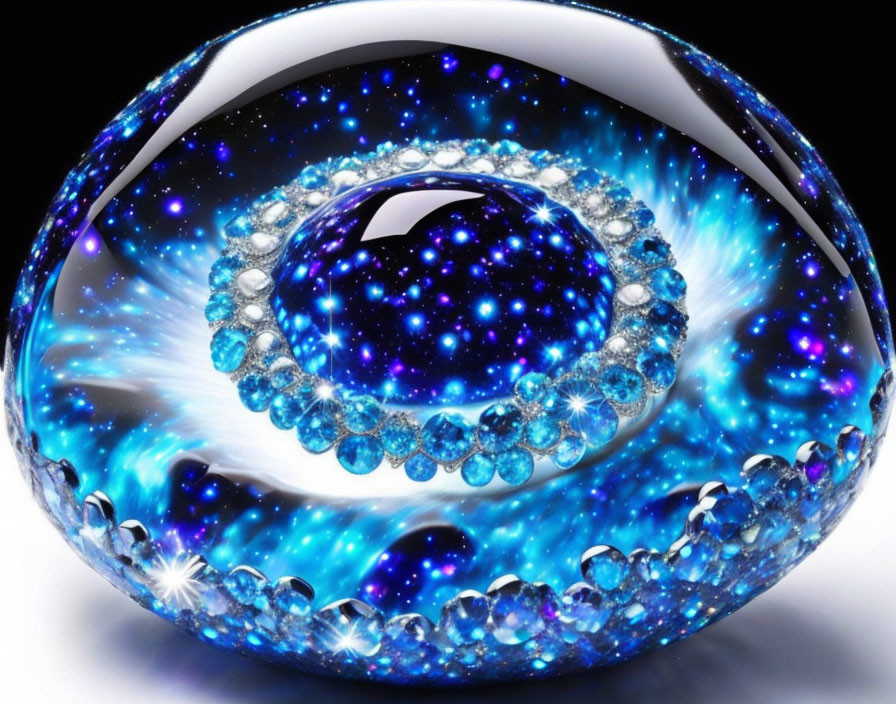 Digital image of eye with blue galaxy iris and jeweled edges